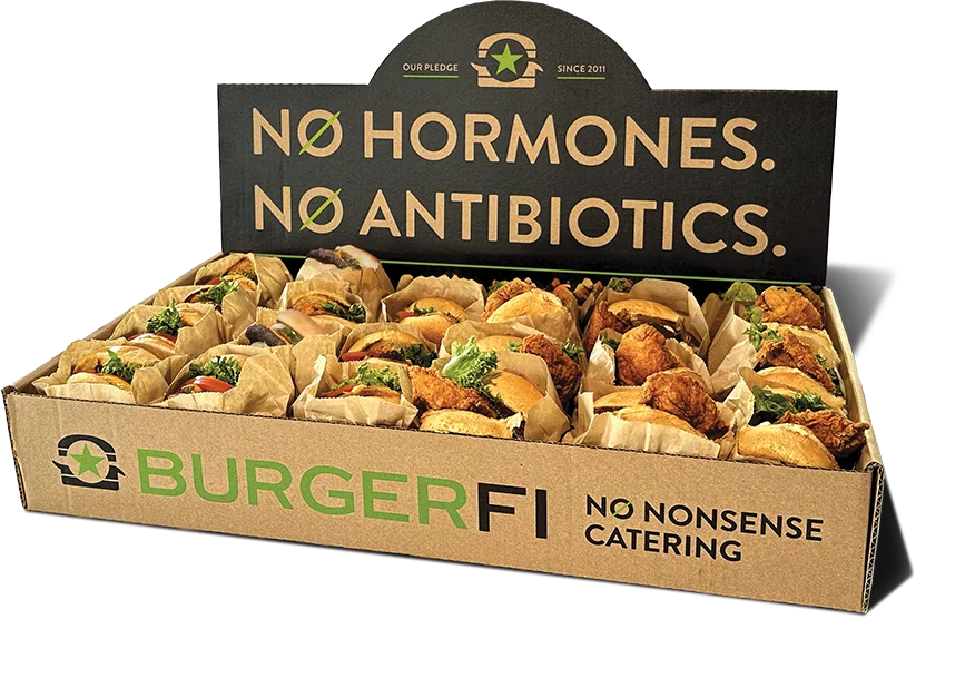 BurgerFi catering box filled with burgers and chicken sandwiches